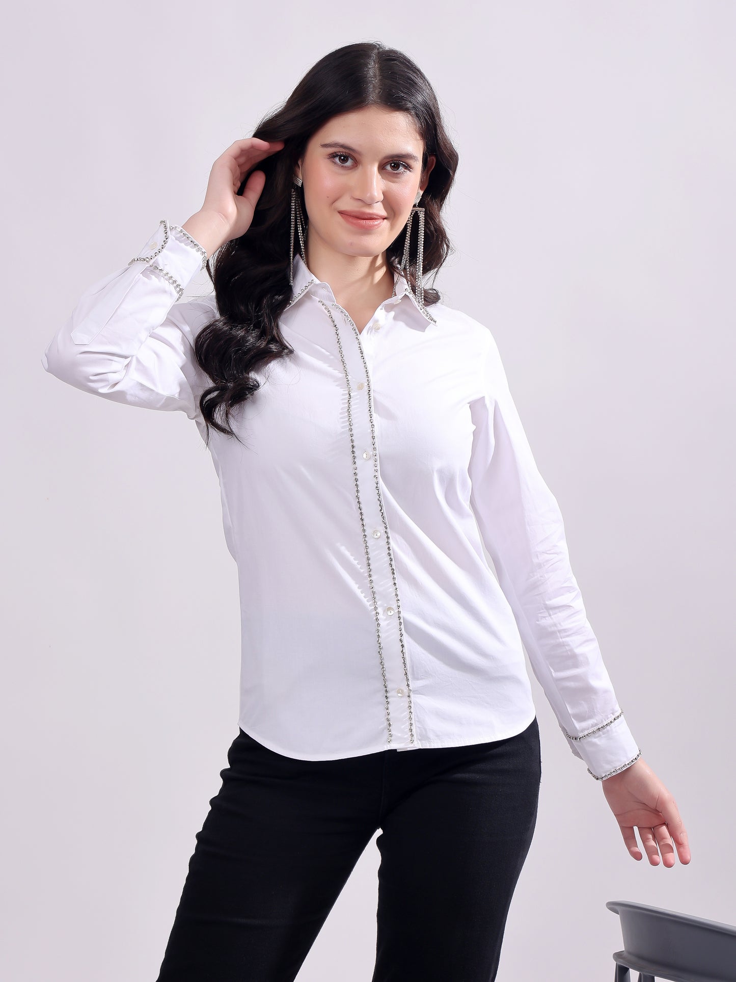 White Button Down Shirt Long Sleeve With Embroidery Work