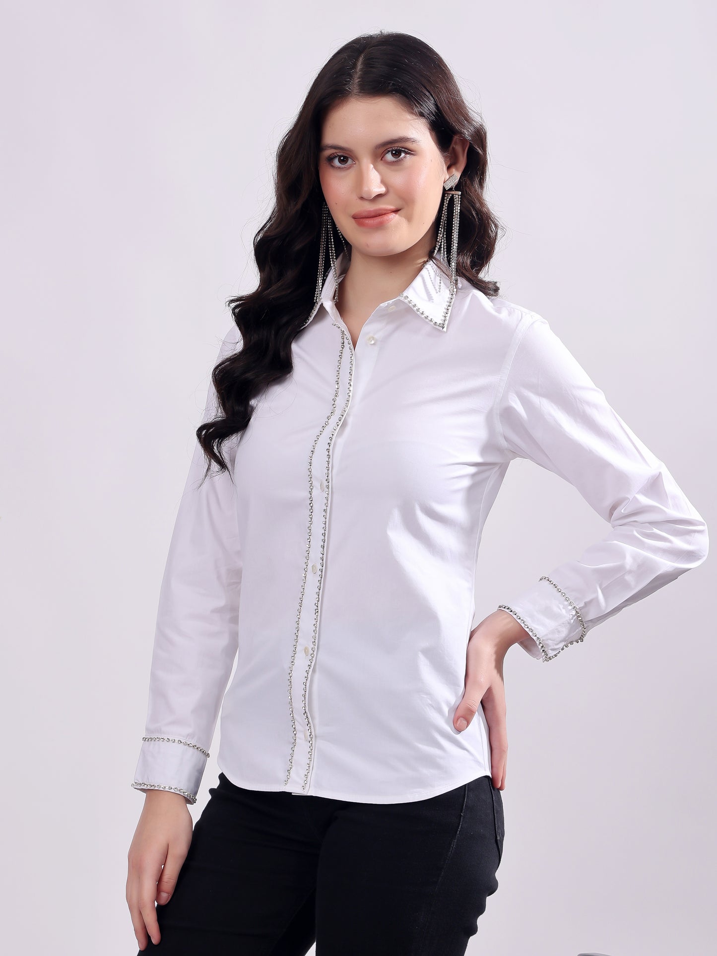 White Button Down Shirt Long Sleeve With Embroidery Work