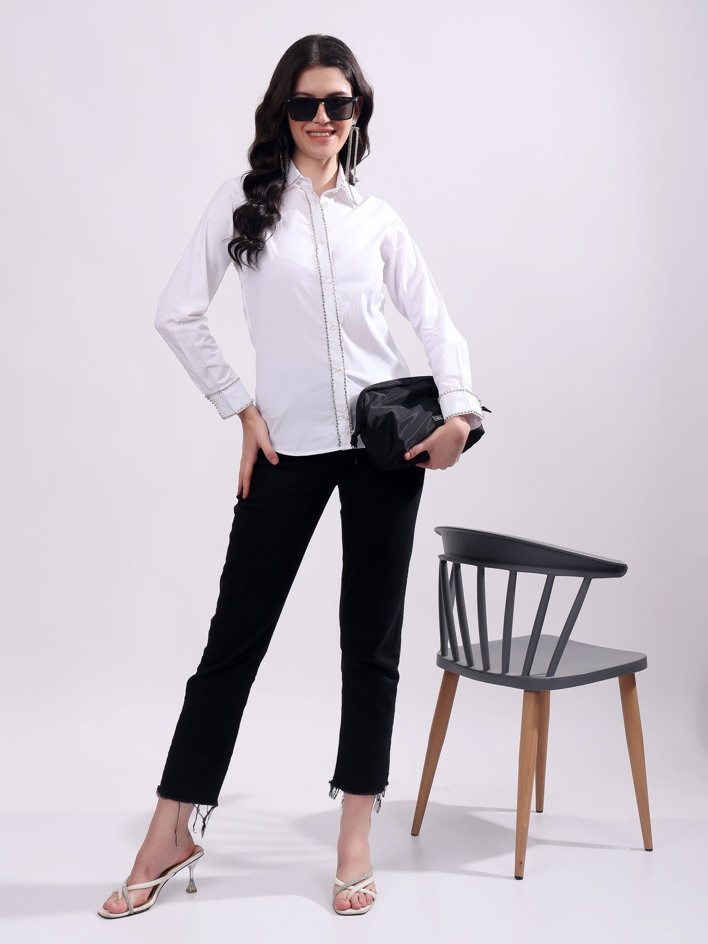 White Button Down Shirt Long Sleeve With Embroidery Work