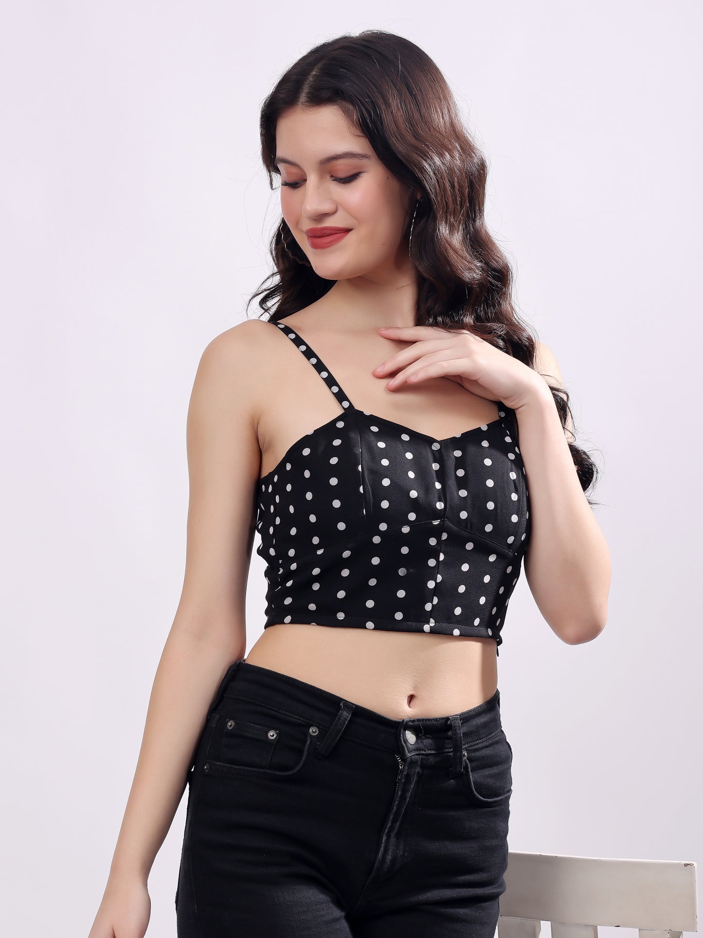 Polka Dot Sweetheart Neck Georgette Crop Top