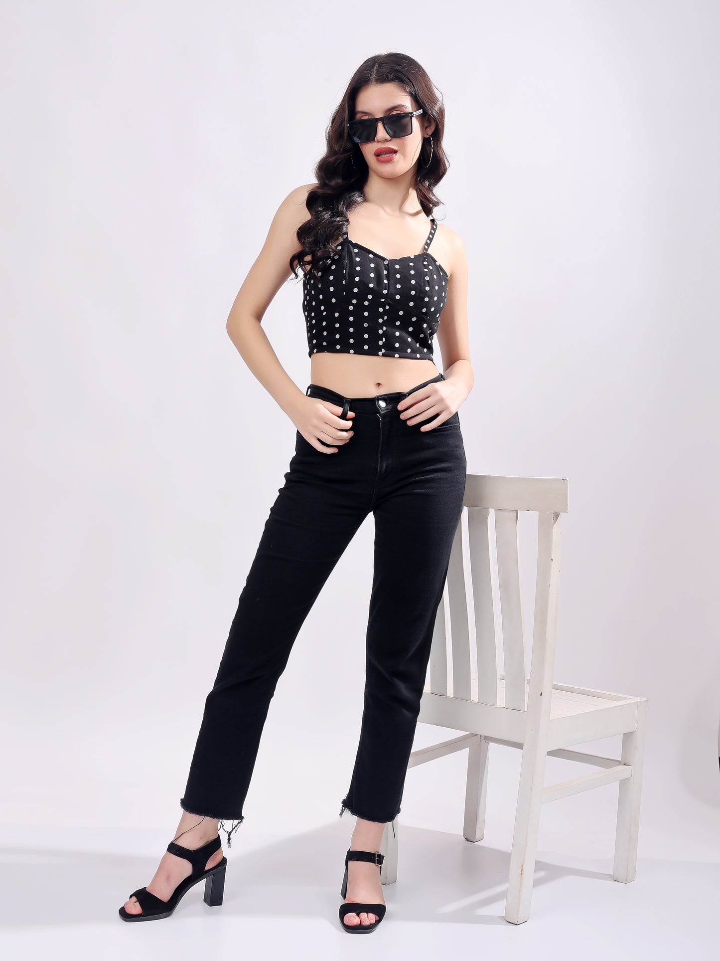 Polka Dot Sweetheart Neck Georgette Crop Top