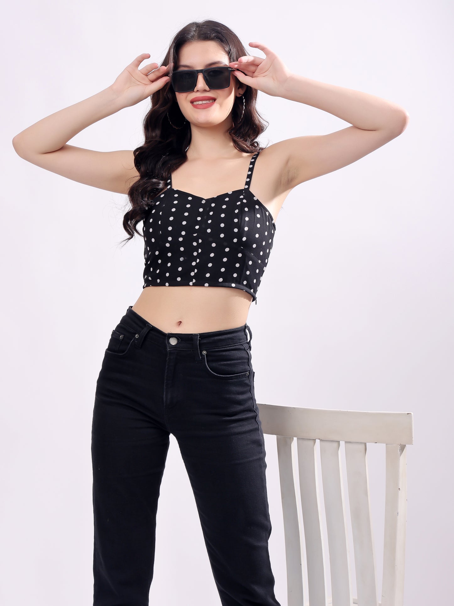 Polka Dot Sweetheart Neck Georgette Crop Top