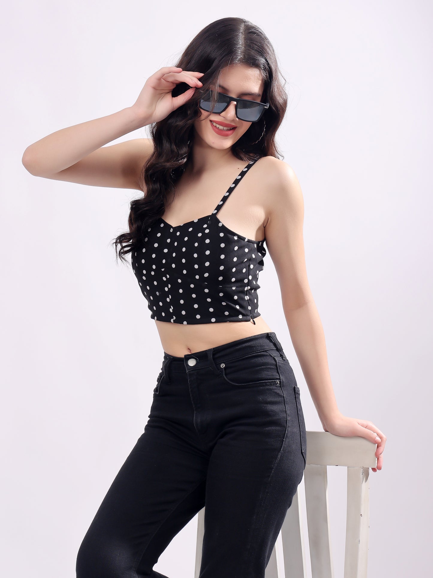 Polka Dot Sweetheart Neck Georgette Crop Top