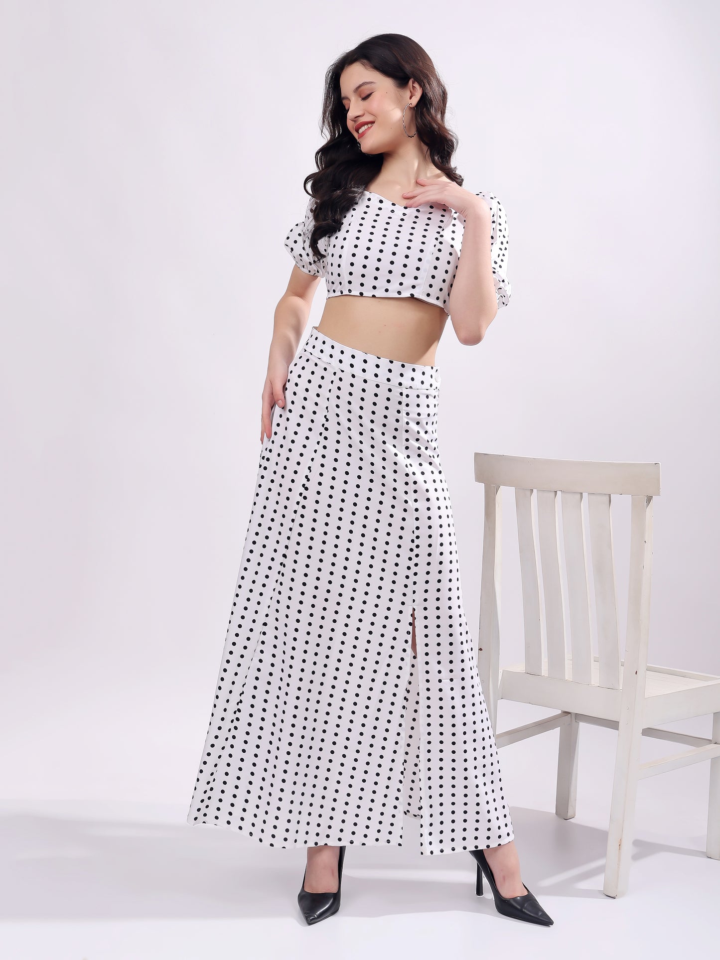 Polka Dot Printed Puff Sleeves Top With Skirt