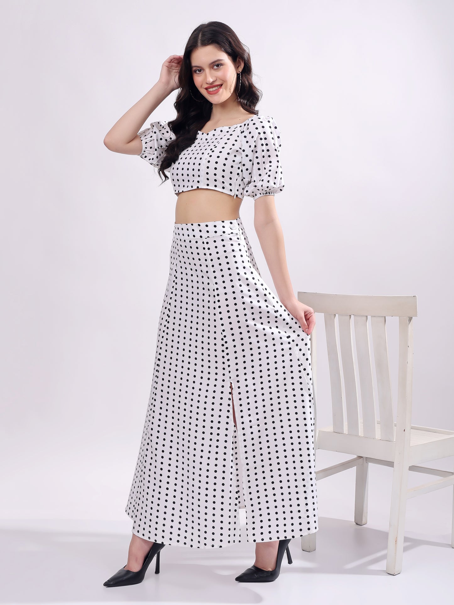 Polka Dot Printed Puff Sleeves Top With Skirt