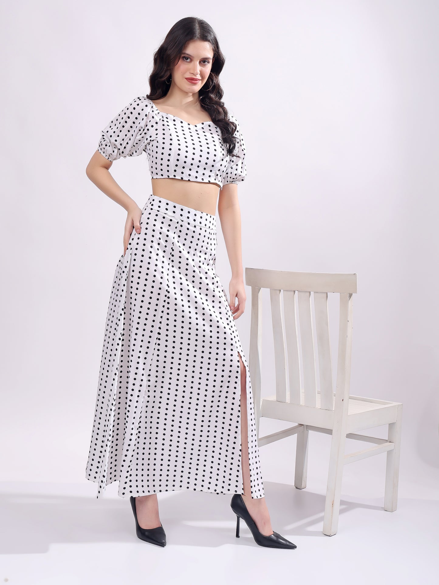 Polka Dot Printed Puff Sleeves Top With Skirt