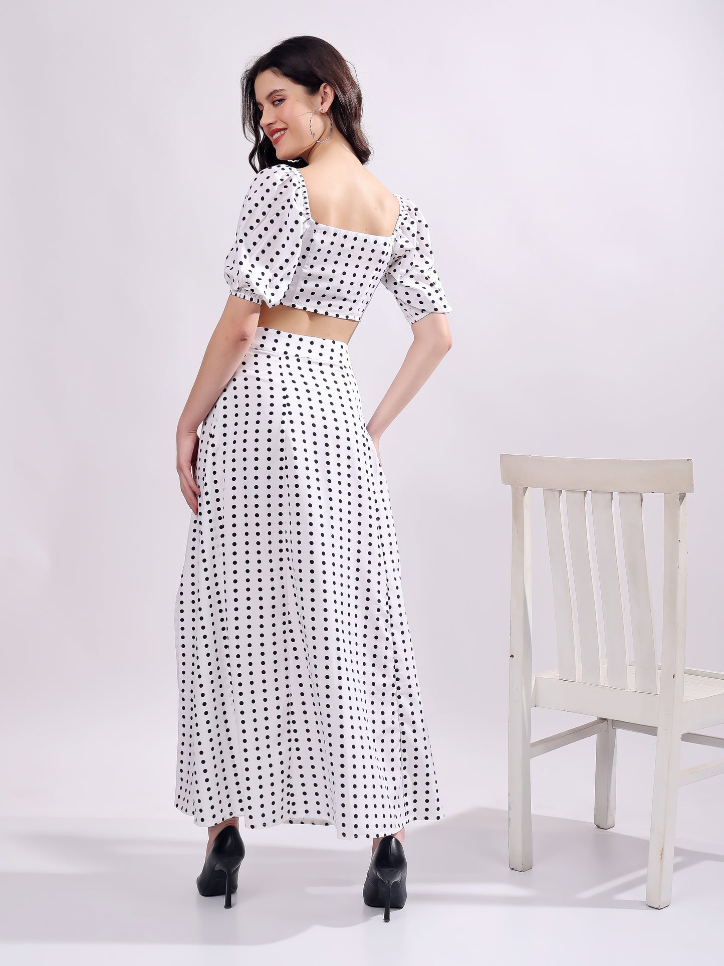 Polka Dot Printed Puff Sleeves Top With Skirt