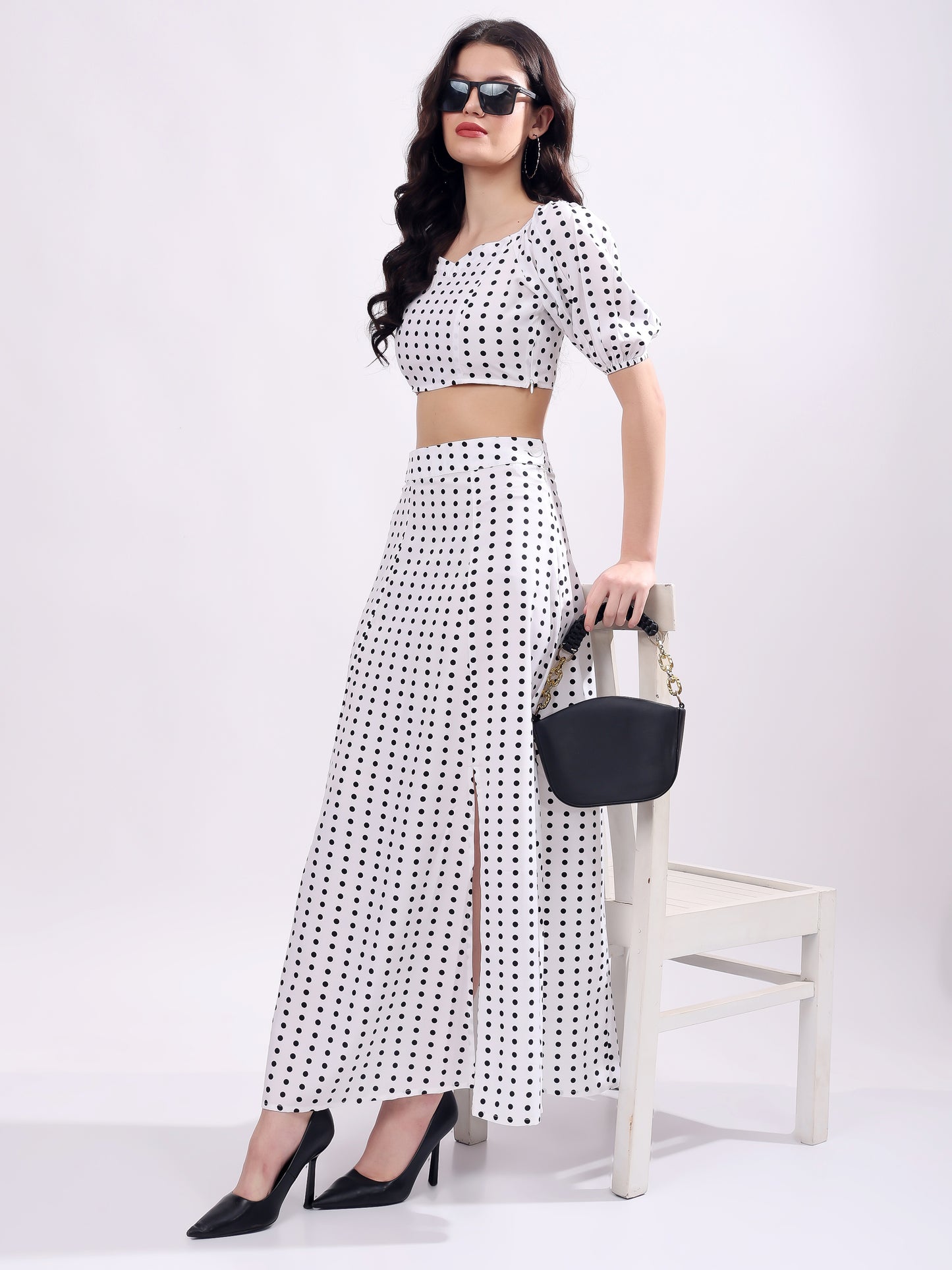 Polka Dot Printed Puff Sleeves Top With Skirt