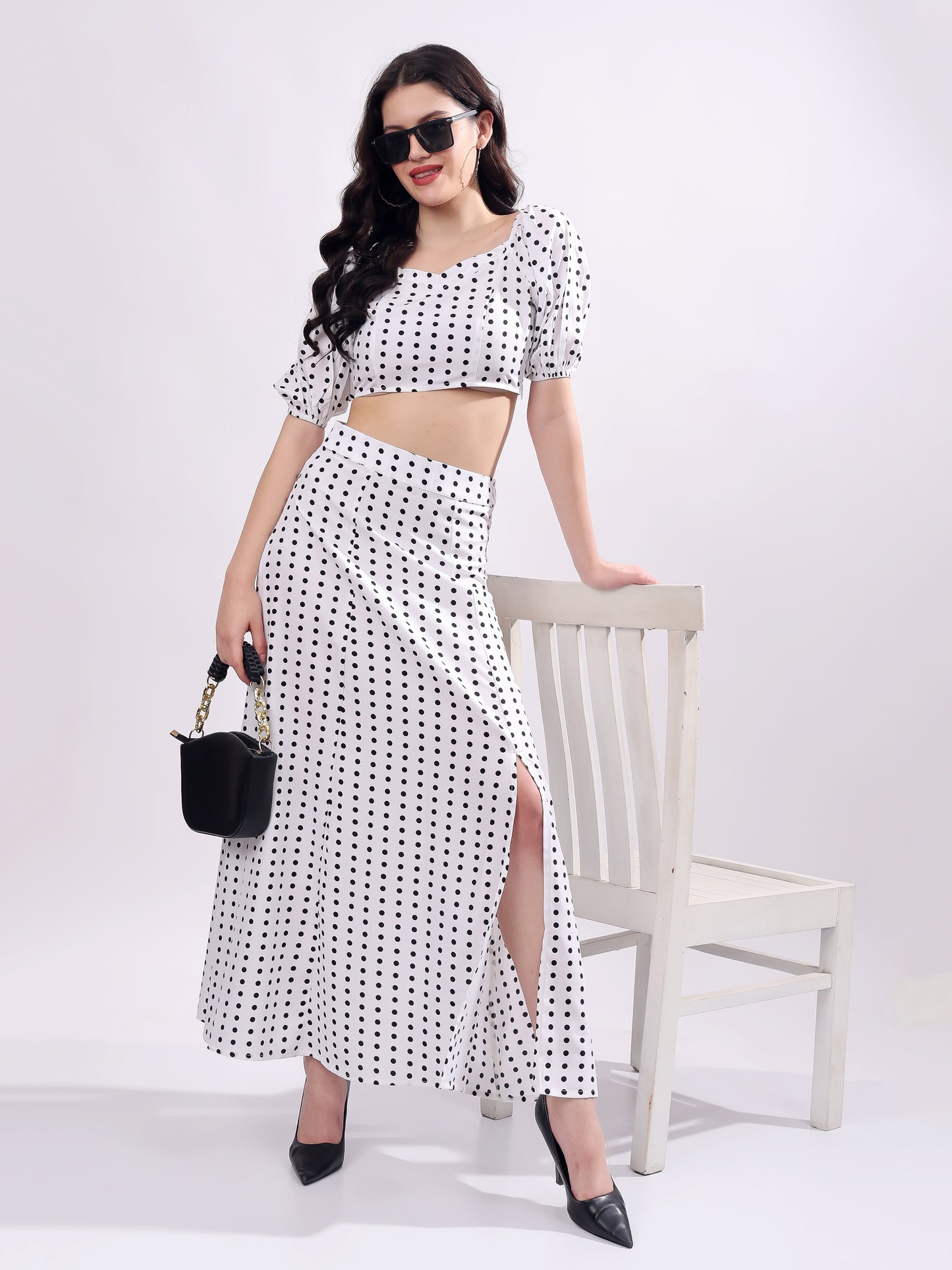 Polka Dot Printed Puff Sleeves Top With Skirt