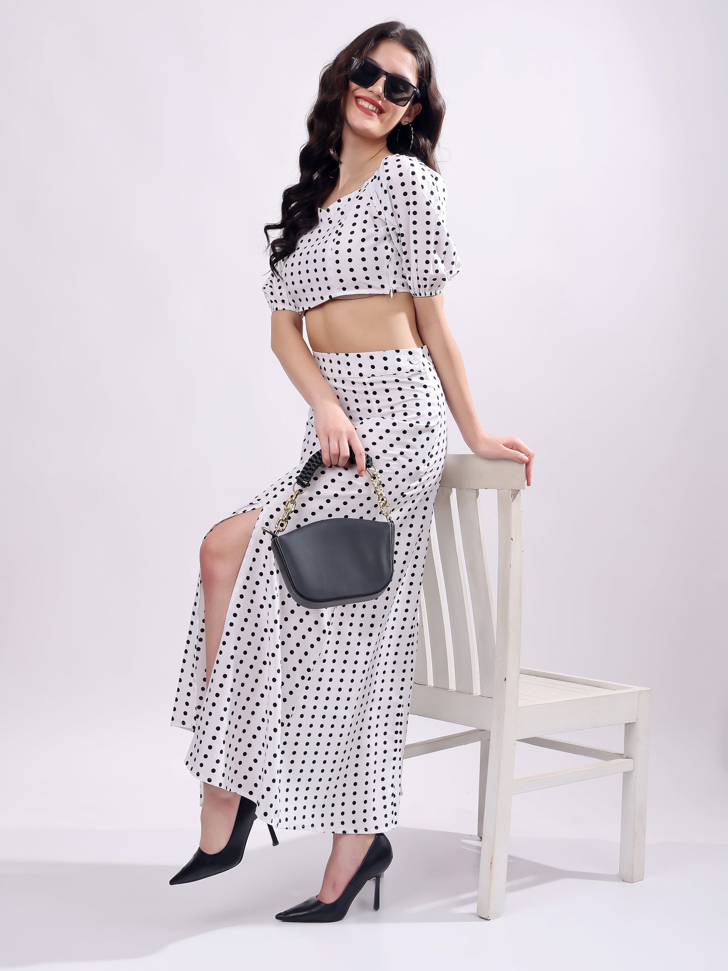 Polka Dot Printed Puff Sleeves Top With Skirt