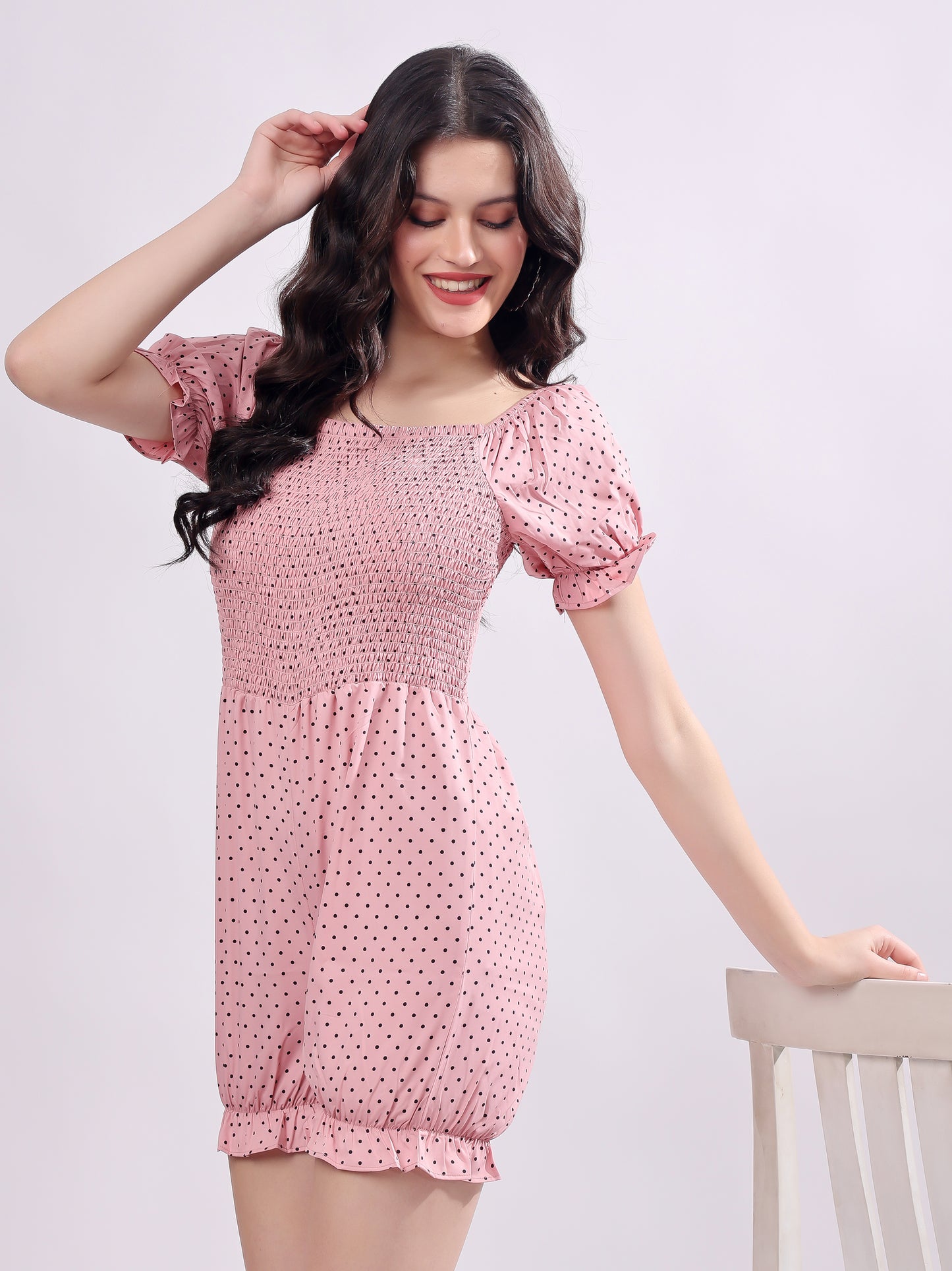 Women's Polka Dot playsuit with Smoked, Pink and Brown