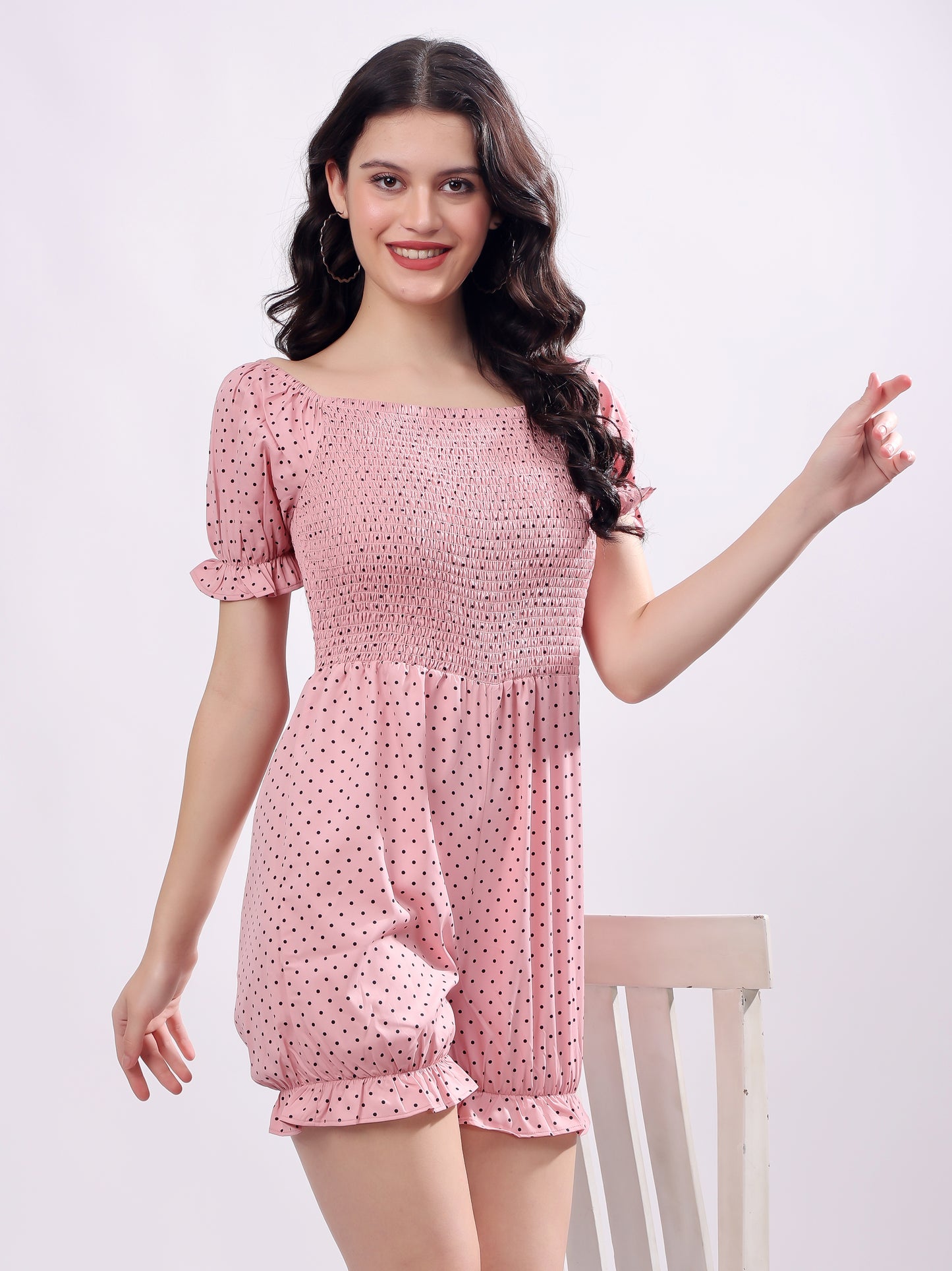 Women's Polka Dot playsuit with Smoked, Pink and Brown