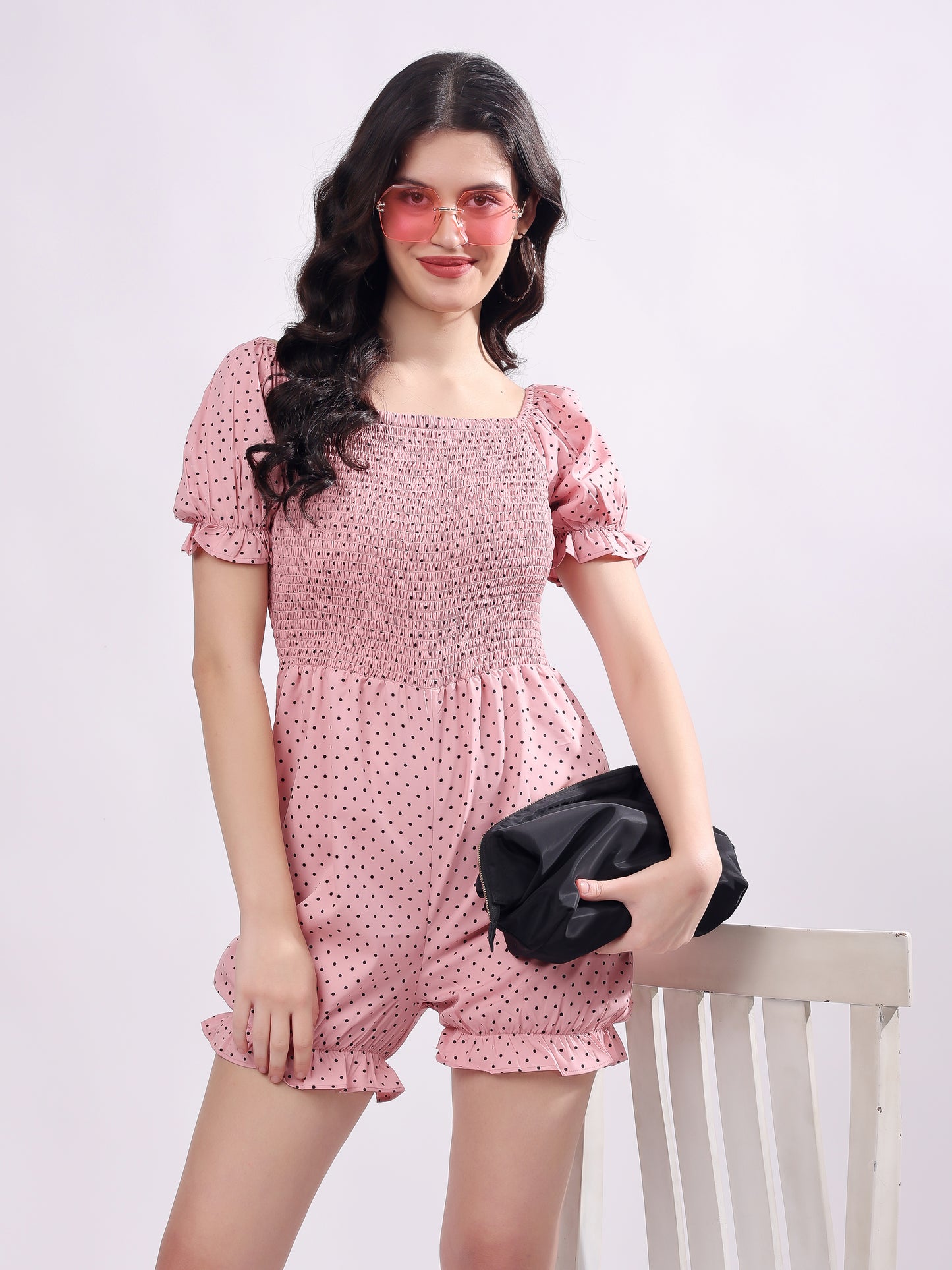 Women's Polka Dot playsuit with Smoked, Pink and Brown