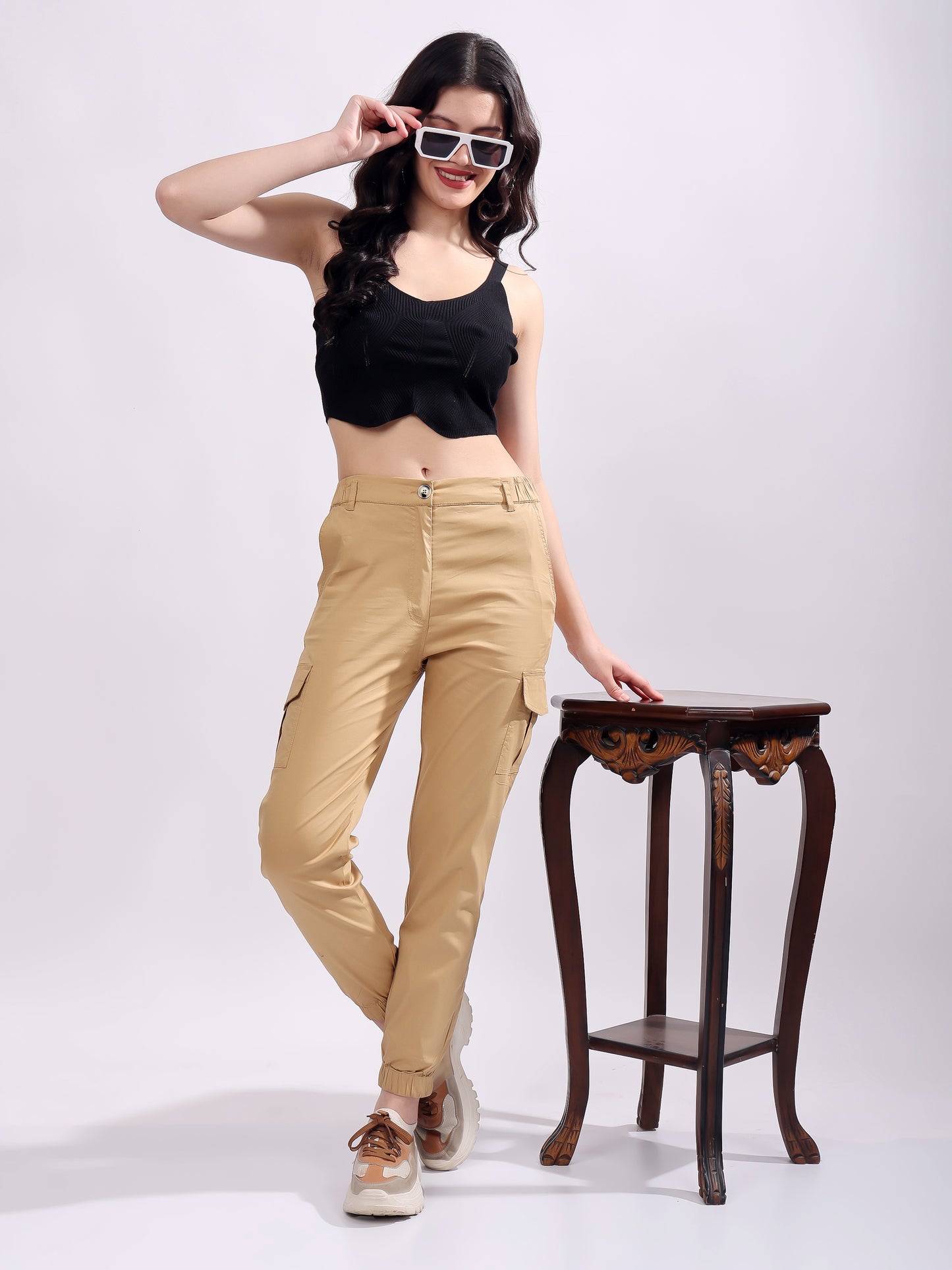 Women Pure Cotton Mid-Rise Cargo Joggers