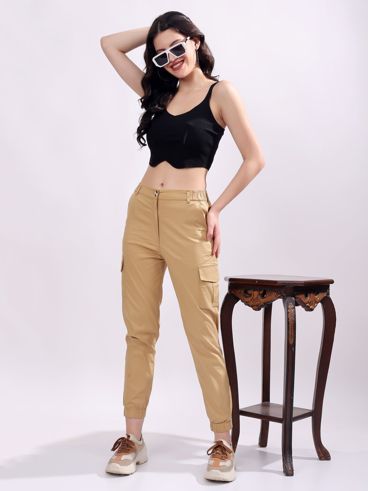 Women Pure Cotton Mid-Rise Cargo Joggers