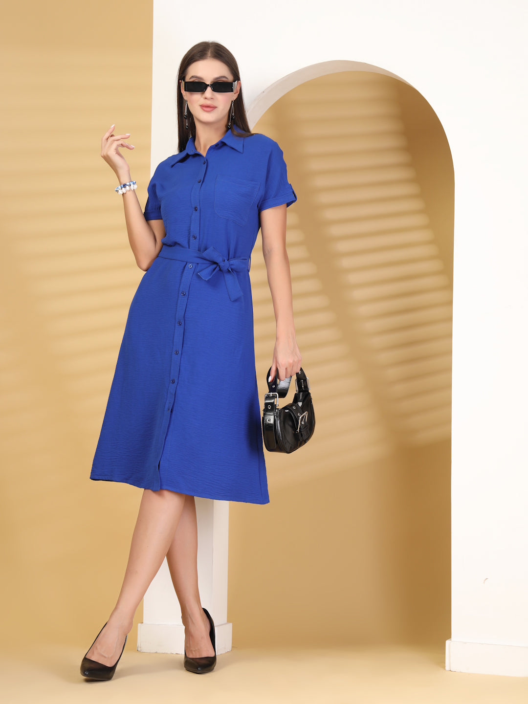 Solid Color Airflow Short Sleeve Button Down Mini Dress With Belt