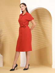 Solid Color Airflow Short Sleeve Button Down Mini Dress With Belt
