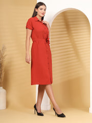 Brick Red Airflow Short Sleeve Button Down Mini Dress With Belt