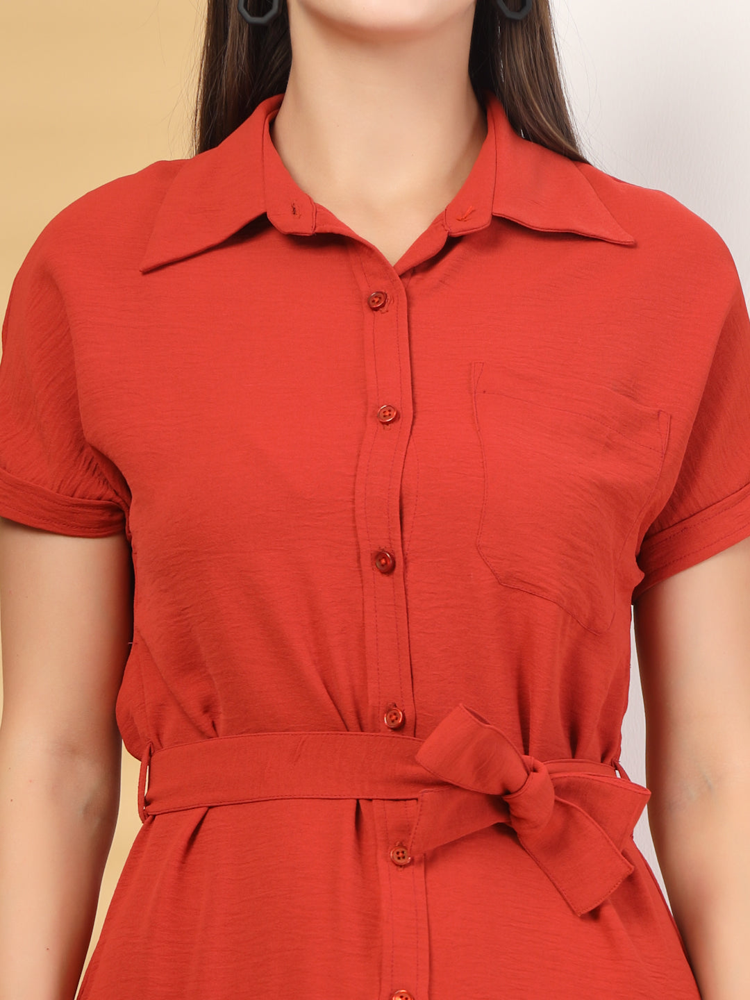 Brick Red Airflow Short Sleeve Button Down Mini Dress With Belt