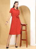 Brick Red Airflow Short Sleeve Button Down Mini Dress With Belt