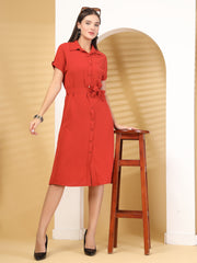 Solid Color Airflow Short Sleeve Button Down Mini Dress With Belt