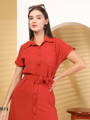 Solid Color Airflow Short Sleeve Button Down Mini Dress With Belt