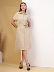 Solid Color Airflow Short Sleeve Button Down Mini Dress With Belt