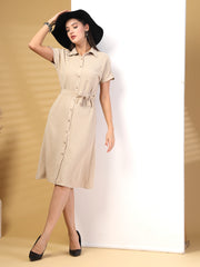 Solid Color Airflow Short Sleeve Button Down Mini Dress With Belt
