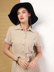 Solid Color Airflow Short Sleeve Button Down Mini Dress With Belt