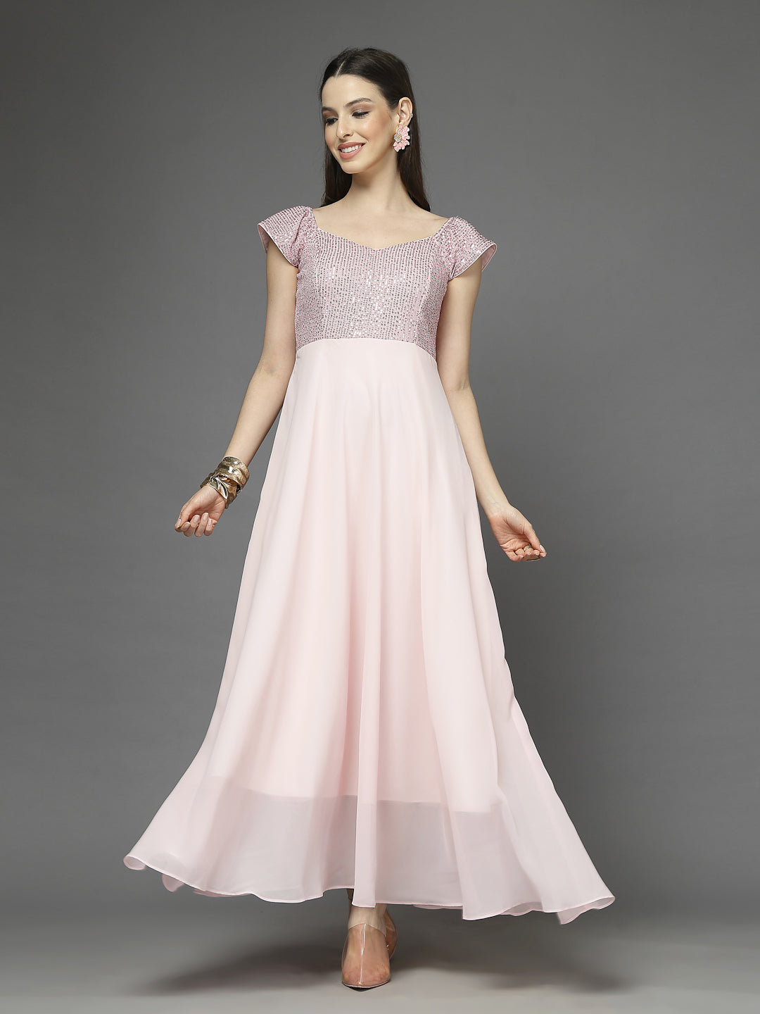 Zara Solid Sequin Fit & Flare Dress Sleeveless, Sweetheart Neck Strape Frill Pattern