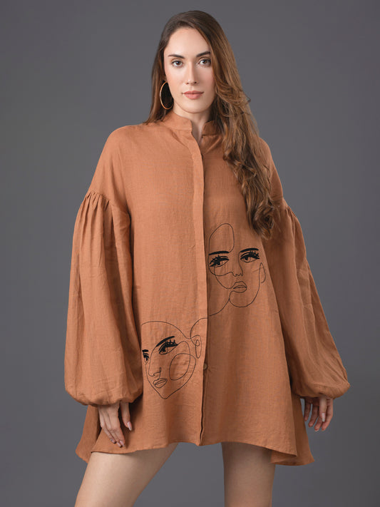 Faces Linen Shirt Dress-Caramel