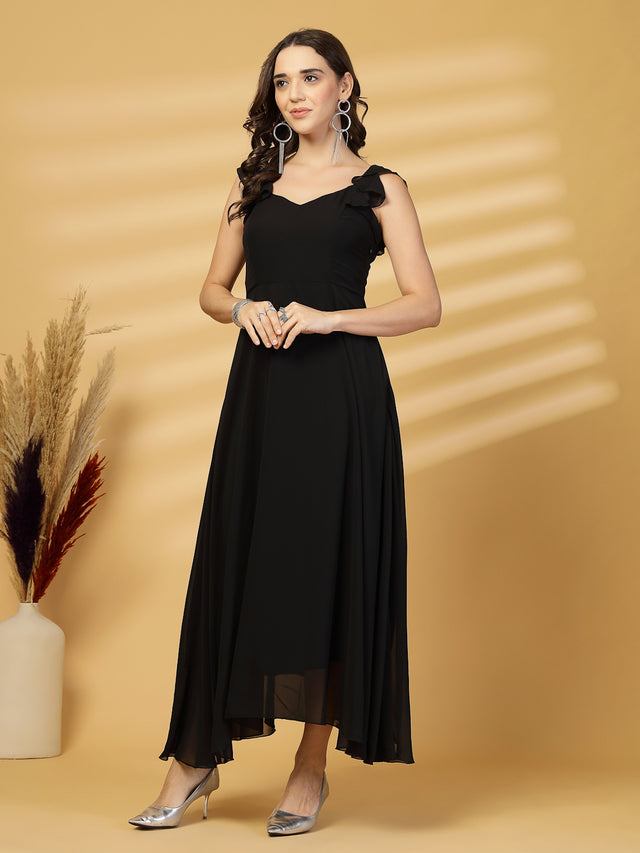 Solid Georgette Fit & Flare Dress Sleeveless, Sweetheart Neck Strape Frill Pattern