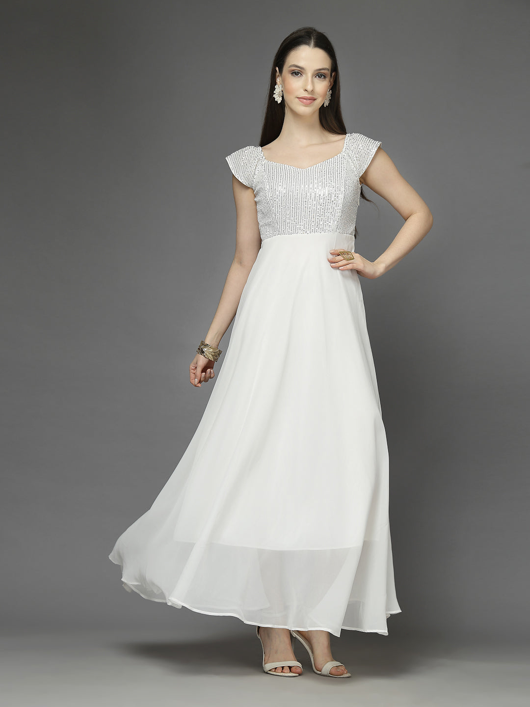 Zara Solid Sequin Fit & Flare Dress Sleeveless, Sweetheart Neck Strape Frill Pattern