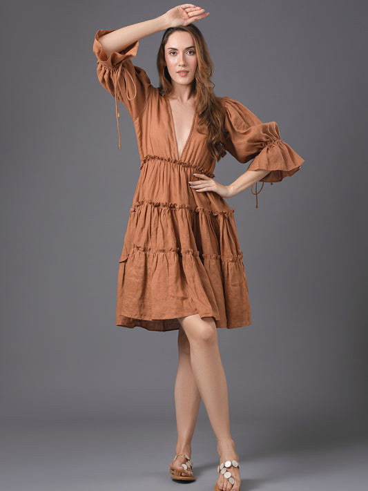 Emma Linen Mini Dress - Caramel