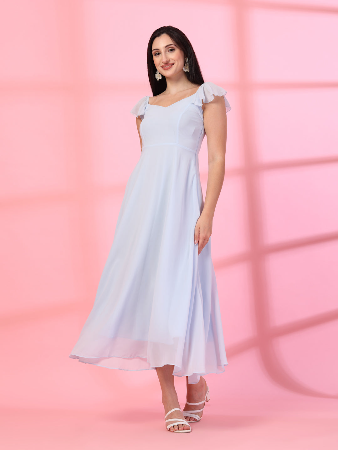 Solid Georgette Fit & Flare Dress Sleeveless, Sweetheart Neck Strape Frill Pattern