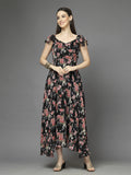 Georgette Printed Long Dress Sleeveless, V Neck Strape Frill Pattern