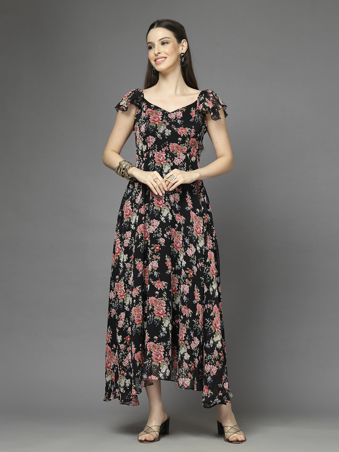 Georgette Printed Long Dress Sleeveless, V Neck Strape Frill Pattern