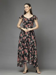 Georgette Printed Long Dress Sleeveless, V Neck Strape Frill Pattern