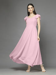 Solid Georgette Fit & Flare Dress Sleeveless, Sweetheart Neck Strape Frill Pattern