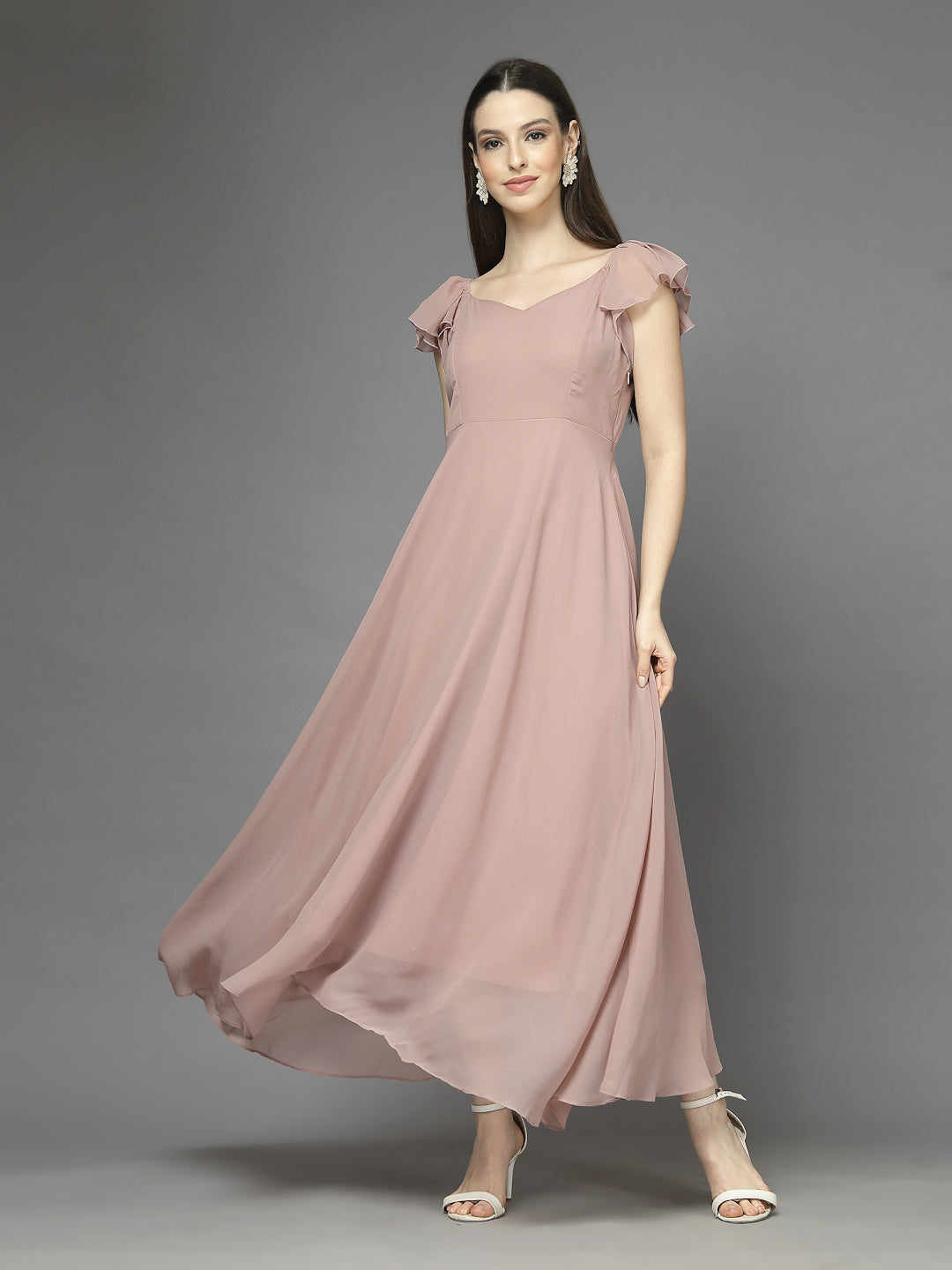 Solid Georgette Fit & Flare Dress Sleeveless, Sweetheart Neck Strape Frill Pattern