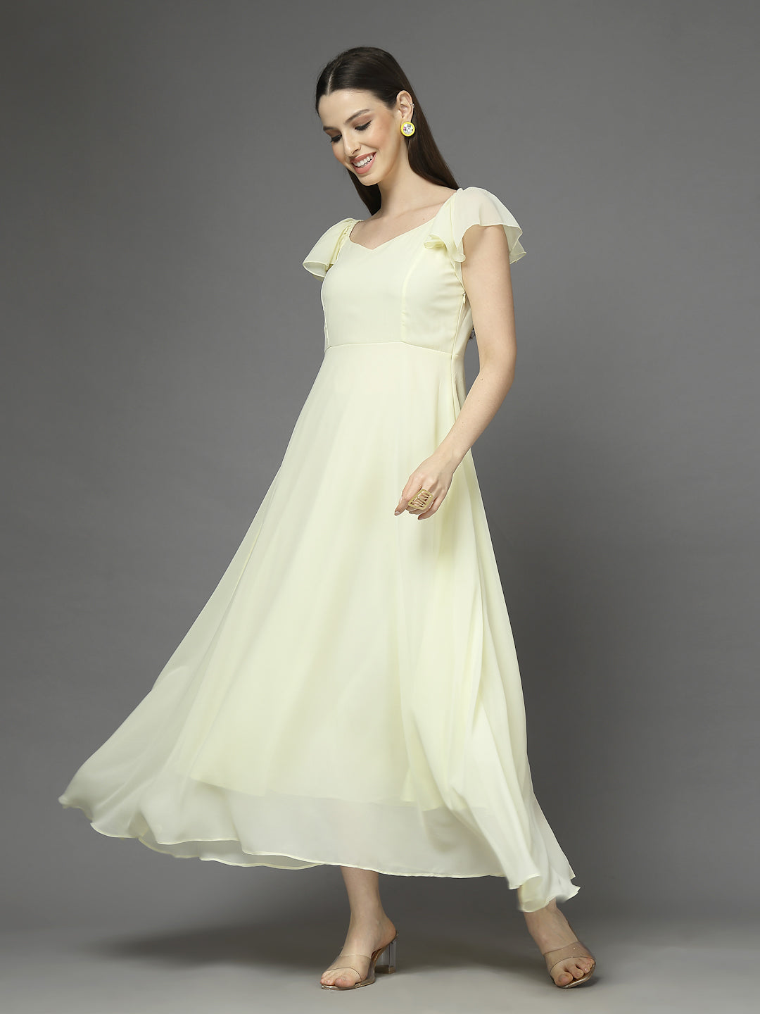 Solid Georgette Fit & Flare Dress Sleeveless, Sweetheart Neck Strape Frill Pattern