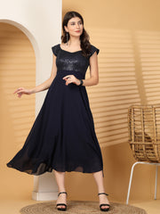 Zara Solid Sequin Fit & Flare Dress Sleeveless, Sweetheart Neck Strape Frill Pattern