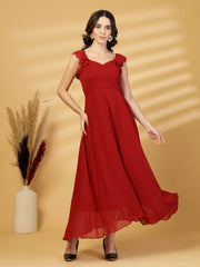 Solid Georgette Fit & Flare Dress Sleeveless, Sweetheart Neck Strape Frill Pattern