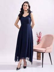 Solid Georgette Fit & Flare Dress Sleeveless, Sweetheart Neck Strape Frill Pattern