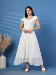 Solid Georgette Fit & Flare Dress Sleeveless, Sweetheart Neck Strape Frill Pattern