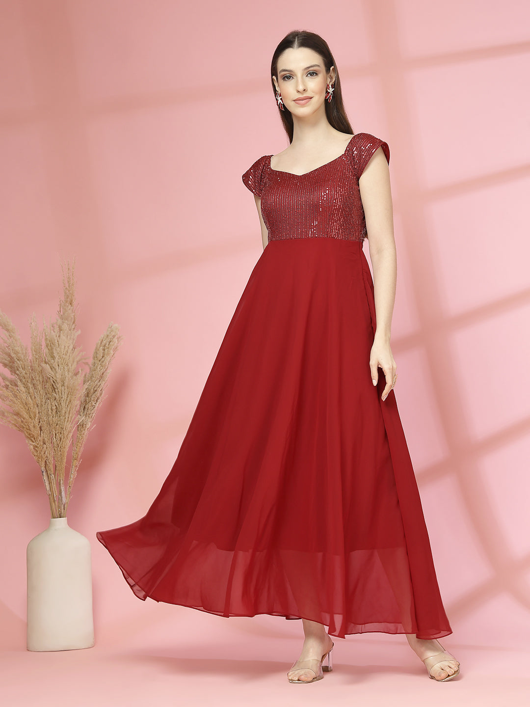 Zara Solid Sequin Fit & Flare Dress Sleeveless, Sweetheart Neck Strape Frill Pattern