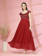 Zara Solid Sequin Fit & Flare Dress Sleeveless, Sweetheart Neck Strape Frill Pattern