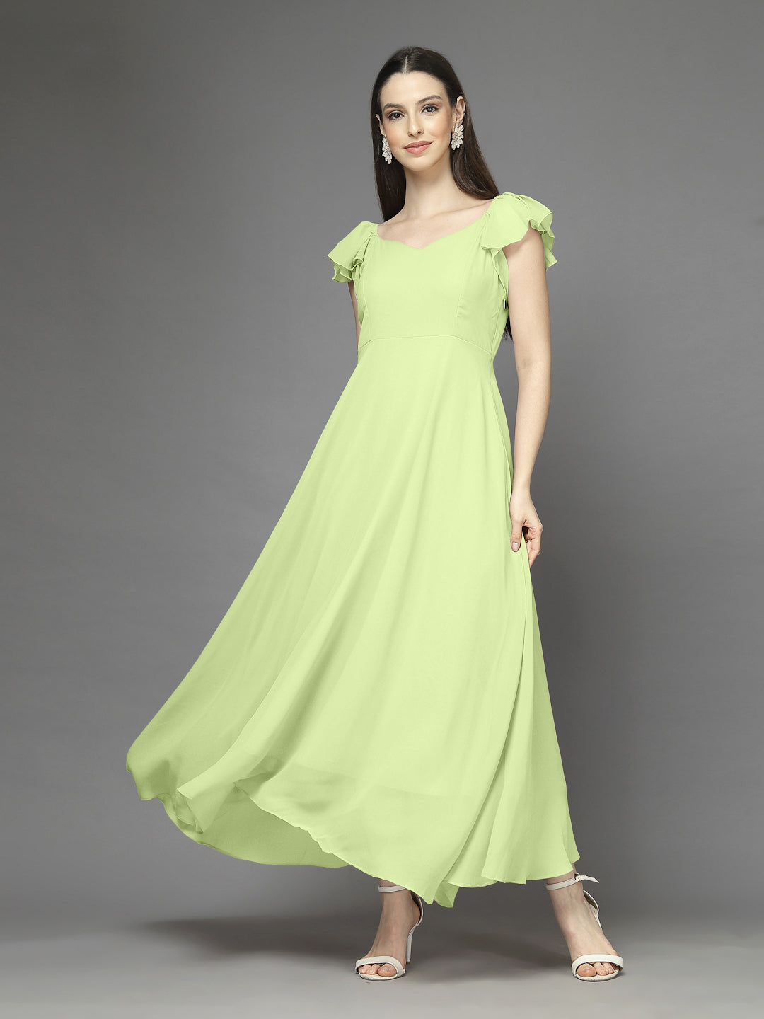 Solid Georgette Fit & Flare Dress Sleeveless, Sweetheart Neck Strape Frill Pattern