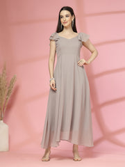Solid Georgette Fit & Flare Dress Sleeveless, Sweetheart Neck Strape Frill Pattern
