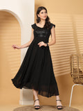 Zara Solid Sequin Fit & Flare Dress Sleeveless, Sweetheart Neck Strape Frill Pattern